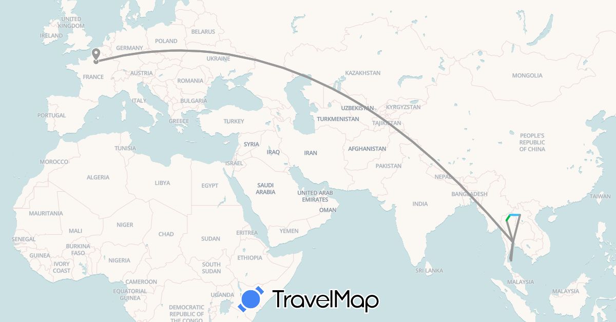 TravelMap itinerary: bus, plane, boat in France, Laos, Thailand (Asia, Europe)