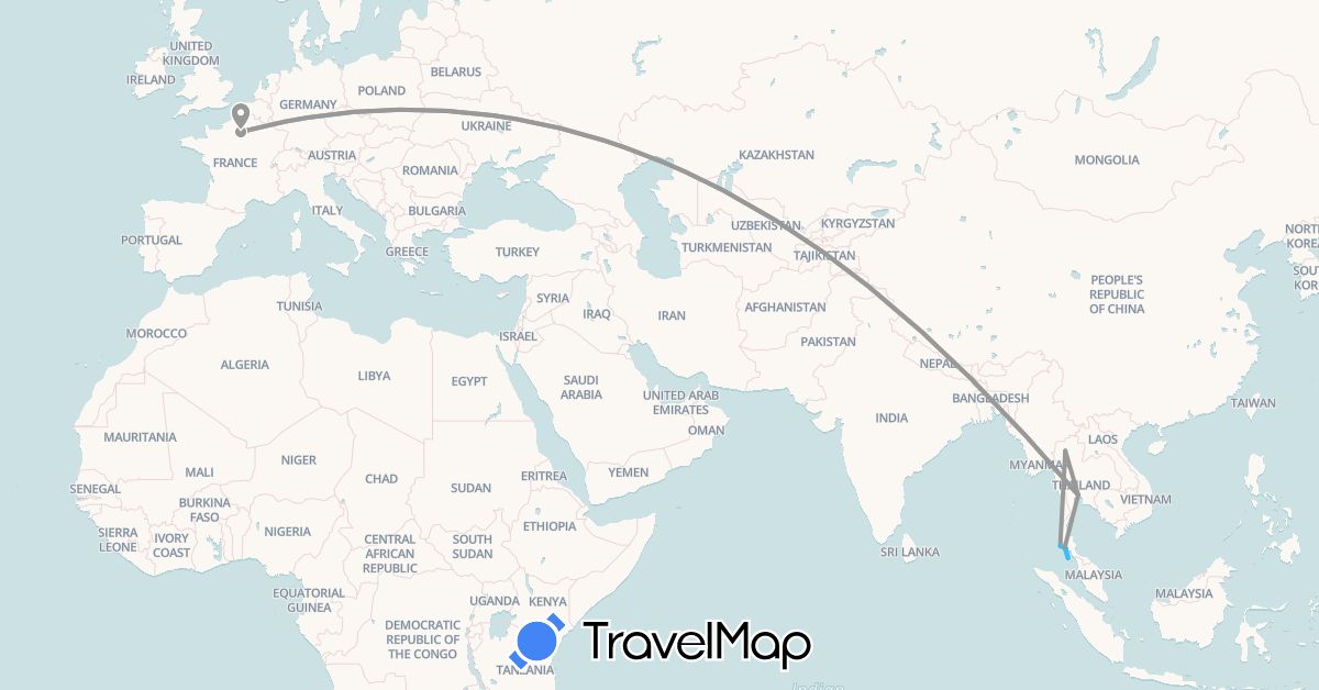 TravelMap itinerary: plane, boat in France, Thailand (Asia, Europe)
